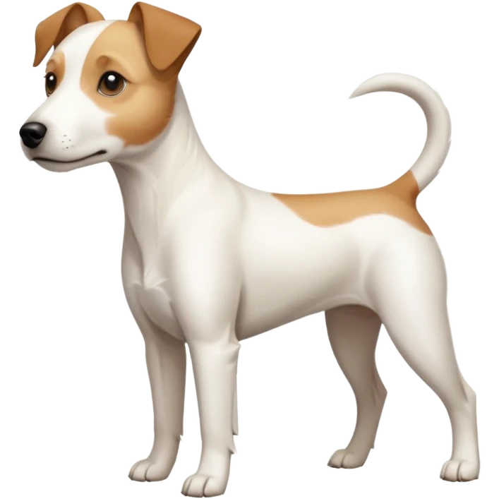 a full body buff white parson russell terrier looking dog the size of a kelpie with light brown long ears and a light brown patch on one eye and a large snout. the rest of the dog is completely white. forward facing emoji