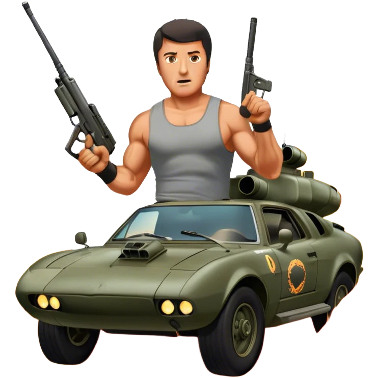 Icon for Action Movie: A vintage movie poster-style design featuring intense action scenes with explosions, weapons, and dramatic poses of Stallone. Include cars and helicopters flying out of flames in the background. Bold typography and retro cinematic style. Transparent background. emoji