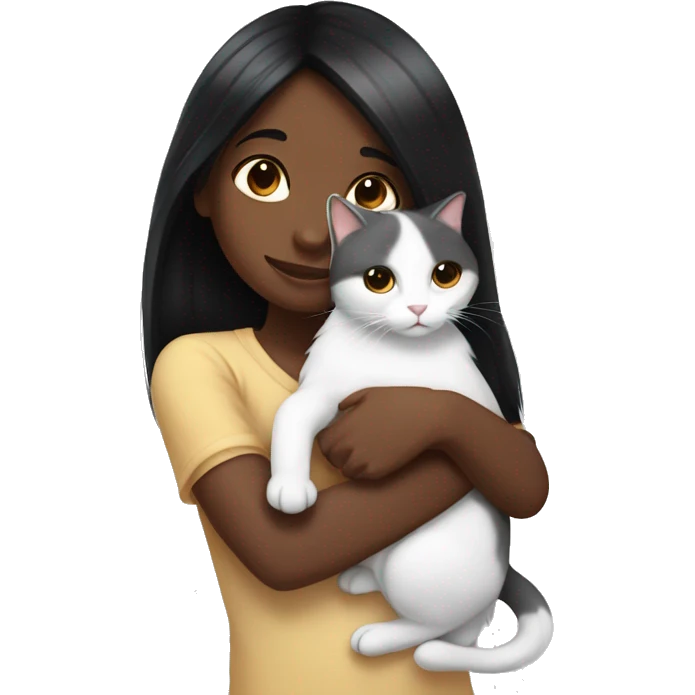 girl with very long black hair and brown skin hugging a white cat emoji