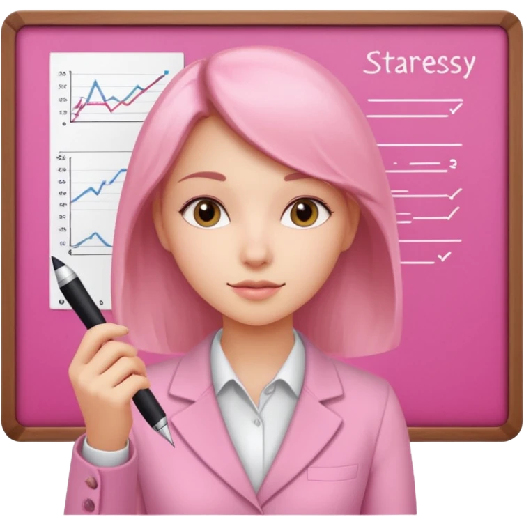 pink board with a girl writing on it and on the board there are graphs and a title "Business Strategy" emoji