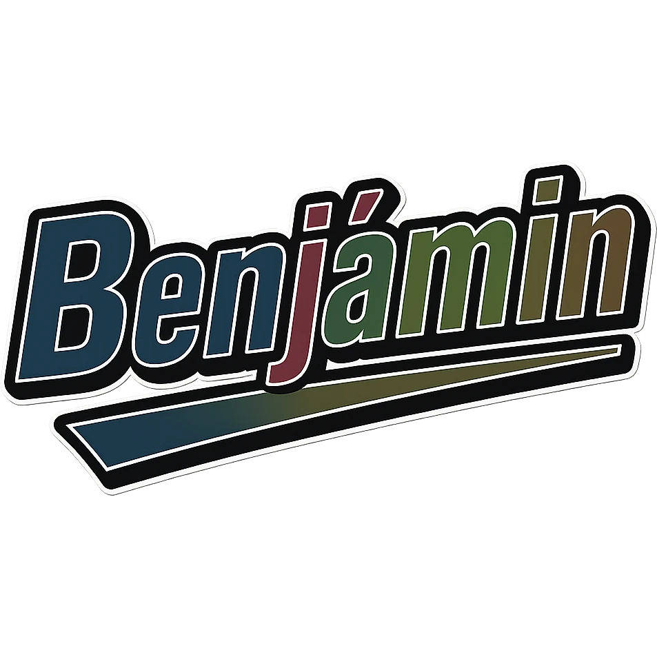 Text image of the name 'Benjámin' in a masculine, modern, gradient font with precise Hungarian characters, dark contour, extra thick, prominent white letter outline as in reference images, dynamic slanted underline, masculine color shades including blue, gray, burgundy, green, and brown, 1000x1000 px, PNG, transparent background. emoji