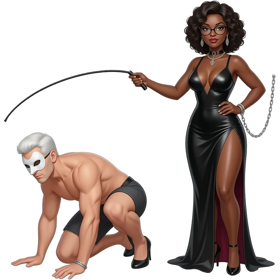 africaine dominatrice tres mince et tres  noire visage 50 ans fin lunettes debout robe decolletee profond fluide fendue  une jambe nue passant dans la fente fouet souple dans la main chaine dans la main droite droite talons aiguilles debout  homme blanc nu masque prosterné emoji