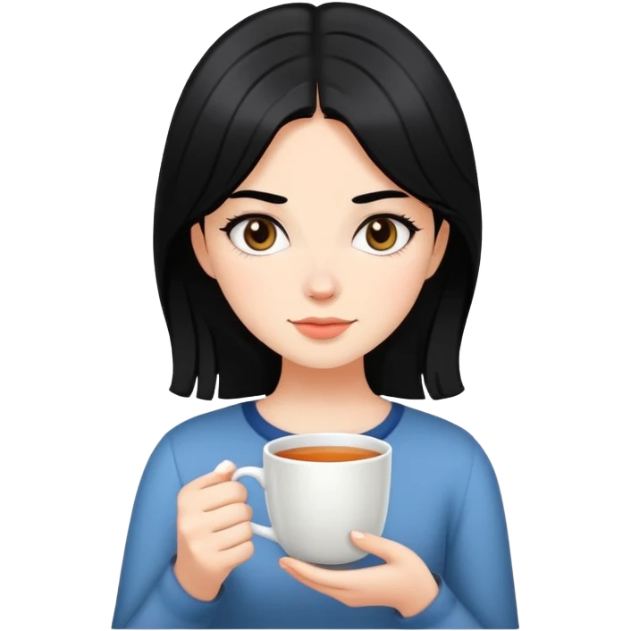 White girl with black hair holding tea emoji