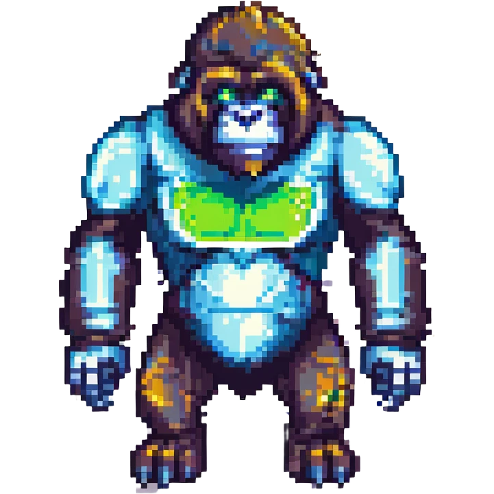 robot gorilla, pixel art, blocky shapes, glowing eyes emoji