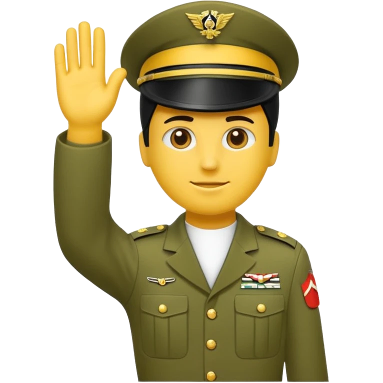 Eine salutierenden Emoji (Hautfarbe: gelb ) in Armee Klamotten männlich; salutierend mit der rechten Hand und auf der Höhe der Stirn emoji