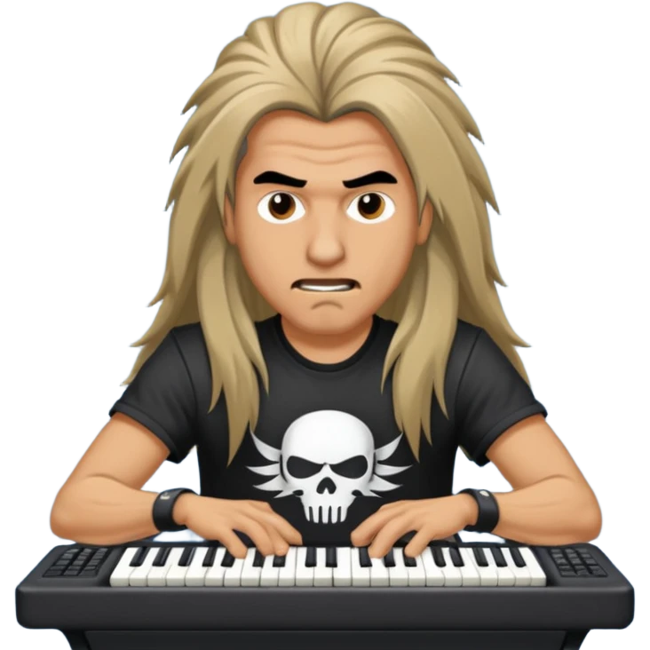 A long haired keyboardist headbanging, the keyboardist is rebellious in their clothing style. emoji