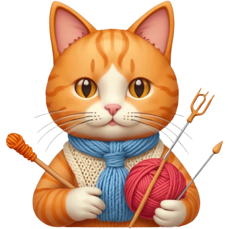 knitting cat portrait, head and shoulders only, cute cat holding knitting needles and yarn, cozy expression, warm handmade vibe, 3D cartoon style, mobile game icon style, clean background, no text, no watermark
 emoji
