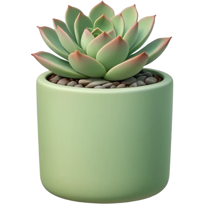 One ceramic pot in pastel green, cylindrical, and shallow, containing an echeveria succulent. emoji