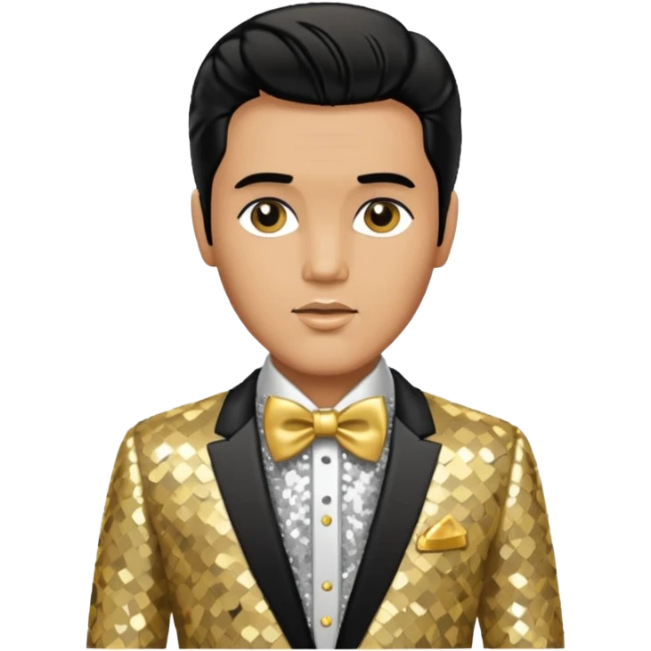 Elvis Presley with silver sequin shirt with gold bow tie, gold sequin suit emoji