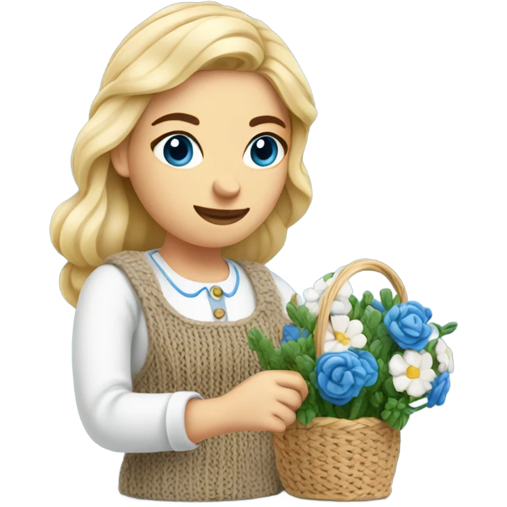 beautiful finnish blonde woman with blue eyes knitting flowers emoji