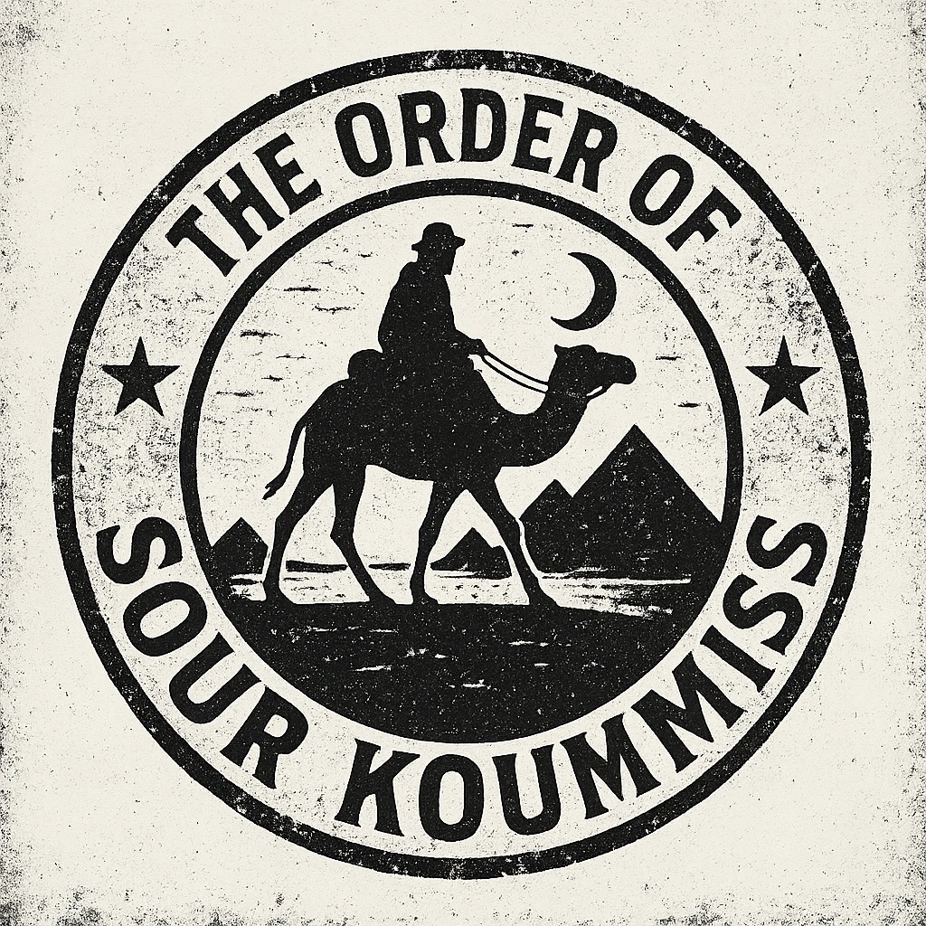A grunge-style 90s logo for 'The Order of Sour Koumiss' with distressed edges and a mysterious travel theme, black and white emoji