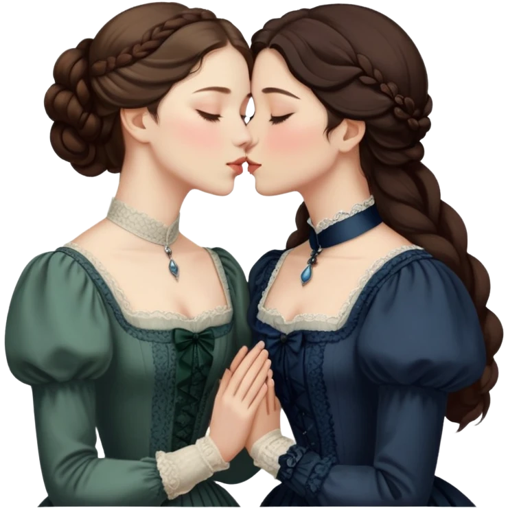 eyes closed lesbian kiss between modest Victorian women wearing dark outfits emoji