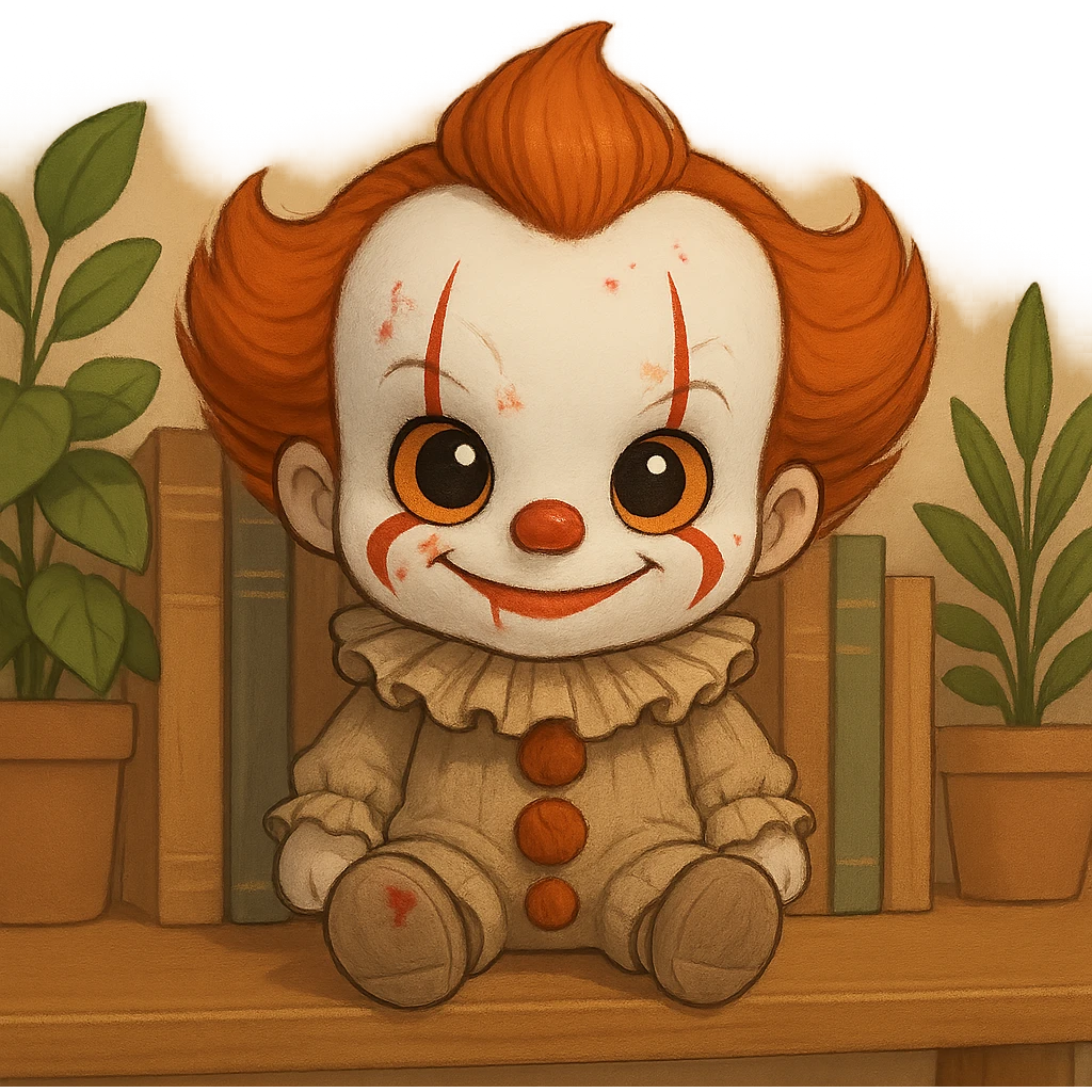 Edit this Pennywise clown to look like a toy with very little blood, cute and less scary, keep the background transparent. emoji