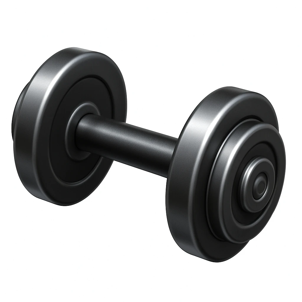 Create a dumbbell emoji that looks exactly like the reference image in iOS emoji style. The emoji should have a 3D appearance with shiny, smooth gradients, soft shadows, a realistic shape, and a metallic texture. Add a glossy effect to the surface. emoji