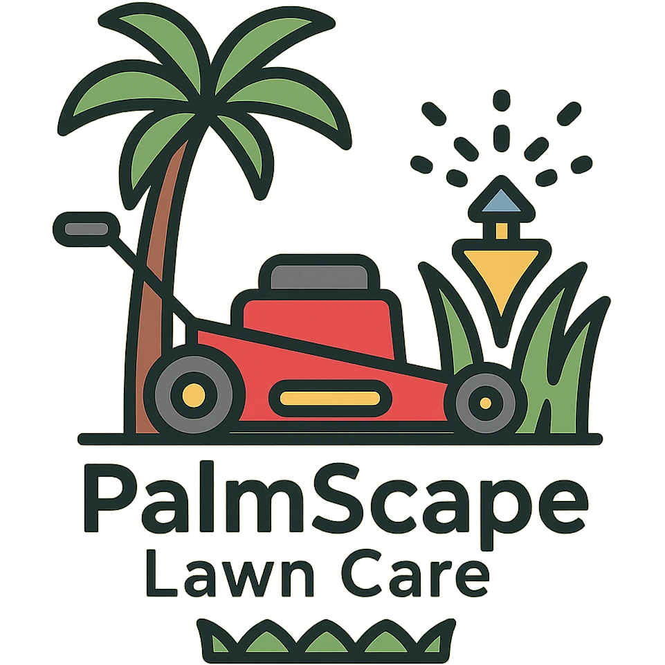 Add the company name text 'PalmScape Lawn Care' in a fresh, inviting font below the logo. emoji
