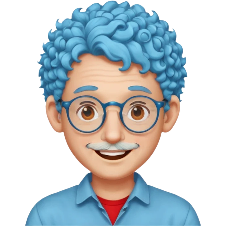 light blue haired man curly hair with big ears and red earrings and spectacles happy emoji