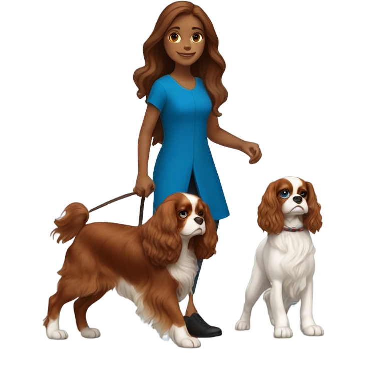 A long brown hair girl with blue eyes walking a King Charles cavalier ruby colored  emoji