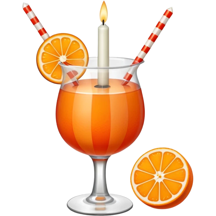 An orange fruit, not a drink, with a horizontal red stripe around the middle. 4 vertical cocktail sticks in the orange with small pieces of candy on the sticks. On top of the orange a small white lit candle. emoji