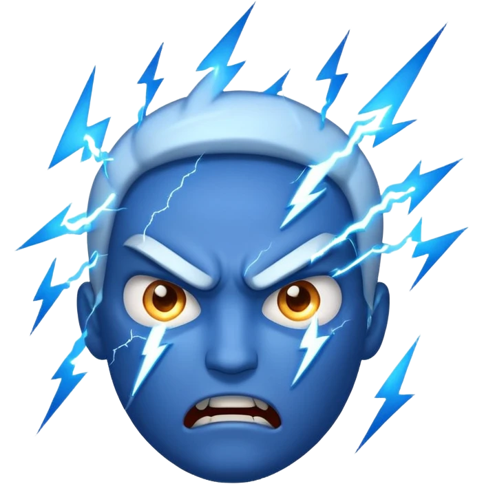 Rayos, centellas y estrellas en una cara color azul con expresiones de furia emoji