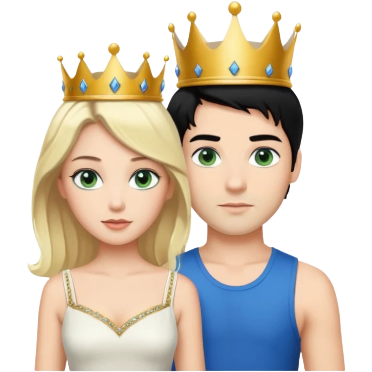 Prince with crown, black hair, body, legst, blue eyes, woman blonde hair, green eyes, sexy white short sleveless dress,  emoji