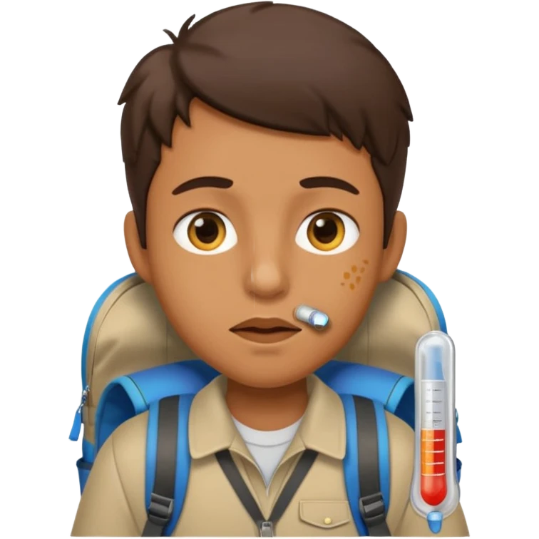 person travelling with backpack and a fever thermometer in there mouth emoji