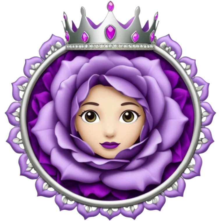 Purple rose flower, silver circle plaque, silver tiara emoji