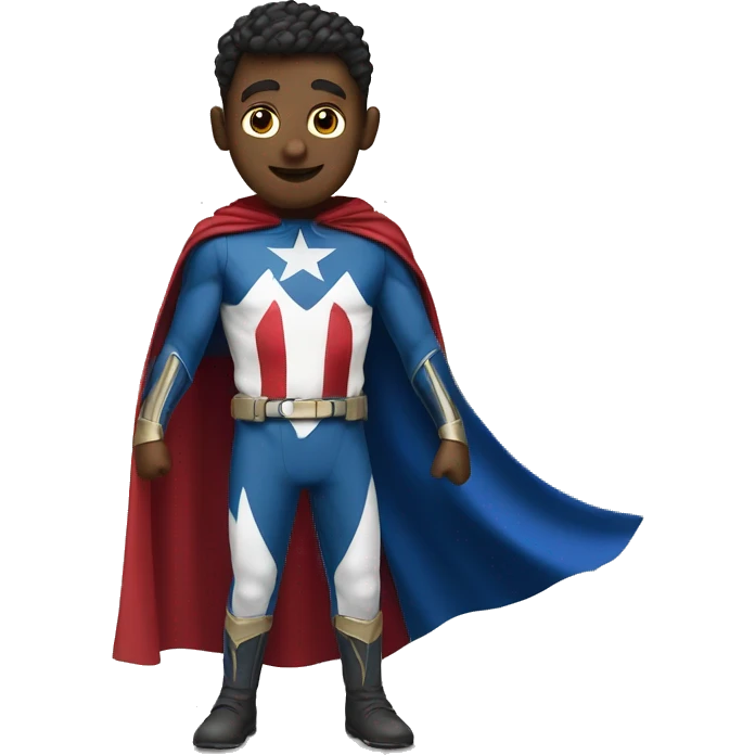 Emoji of Homelander from ‘The Boys’ series. USA flag-inspired costume with cape (red, blue, white). Confident, slightly menacing expression. emoji