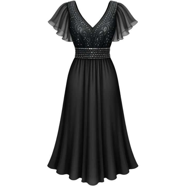 black beaded v-neck dress, isolated hanging, mid-length with flutter sleeves emoji
