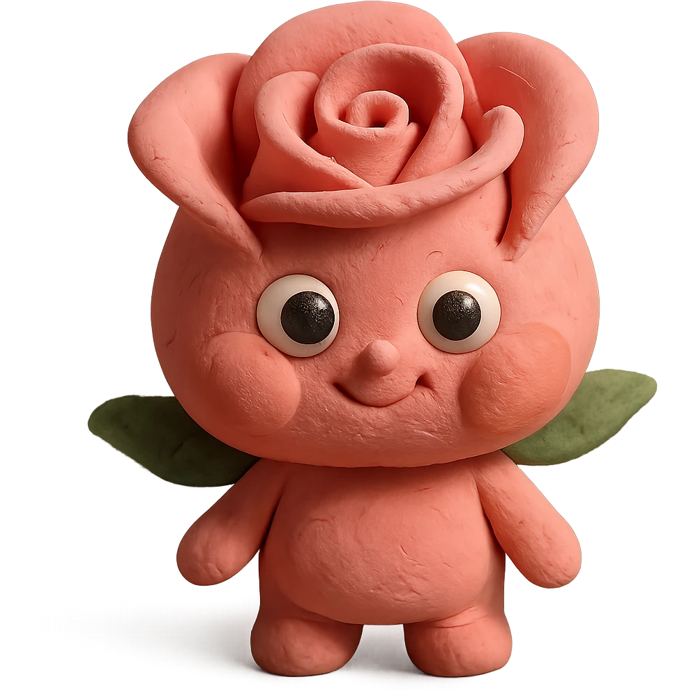 soft pastel pink rose character, super cute, puffed cheeks, big eyes, round petals, small body, claymation style emoji
