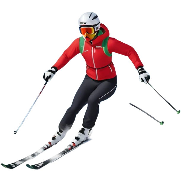 An icon featuring a skier racing down a snow-covered slope, surrounded by snowy peaks, pine trees, and a picturesque mountain landscape. The sky is blue with soft clouds, capturing the thrill and beauty of alpine skiing. Transparent background  emoji