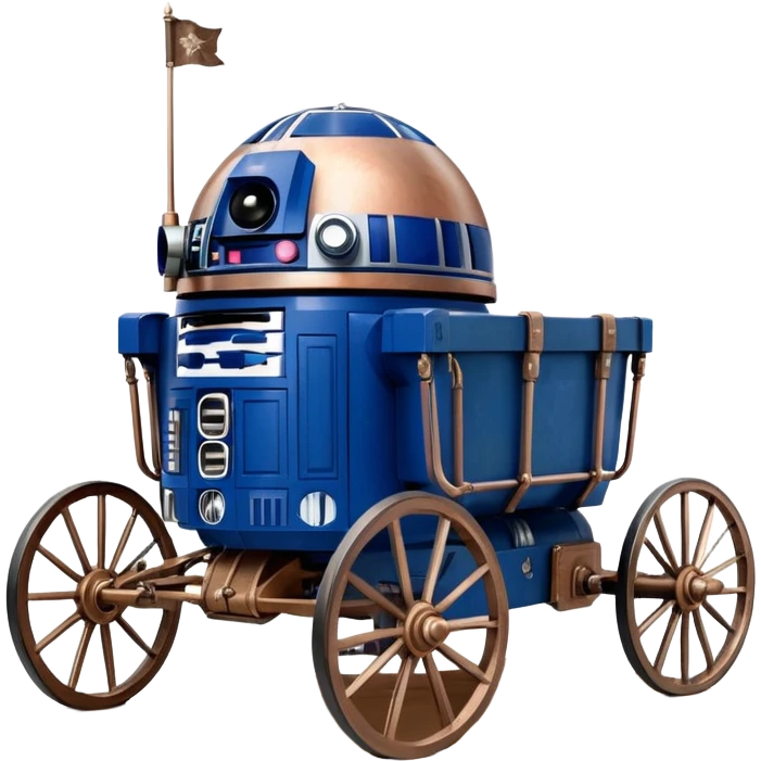 Old American West tarnished R2D2 bounty policeman in 1854 delicately ornate rosegold accents painted buggy buckboard wagon powered by electric motors and batteries with safety features and belts flying rapidly across rough dusty terrain stable on strong agile futuresteampunk suspension and steering  emoji