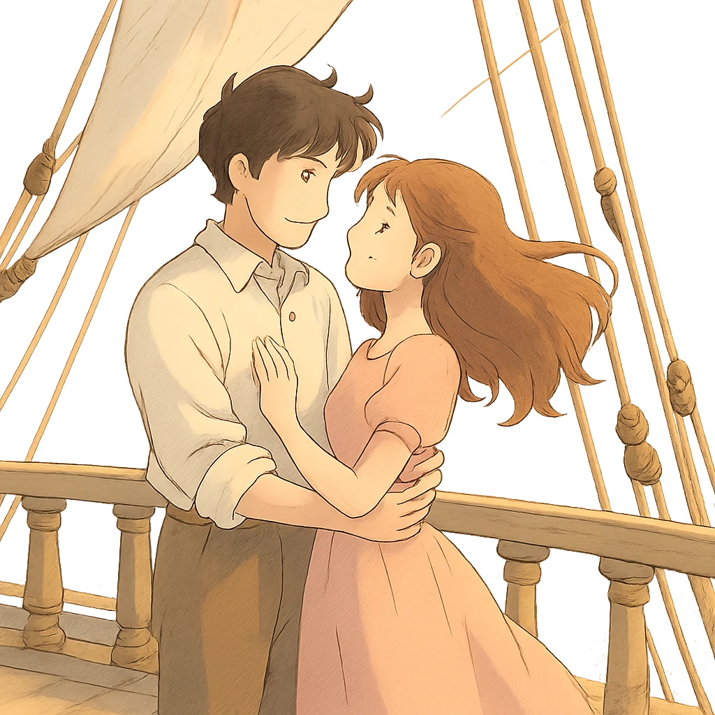ghibli style romantic couple on a ship, soft colors emoji