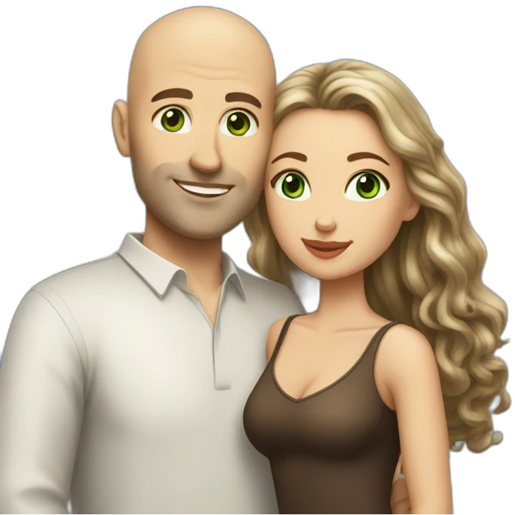 caucasian bald man with green eyes and a caucasian woman with long curly dark hair and brown eyes kissing emoji