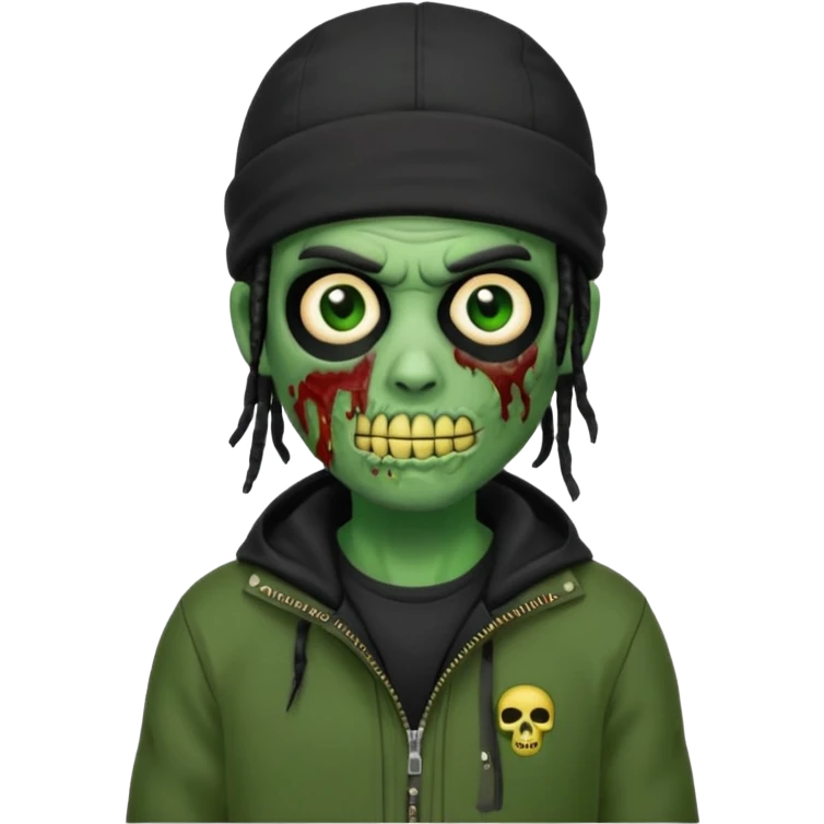 a zombie emoji with black dreads and a black carheartt jacket and black nike ski mask on his head emoji