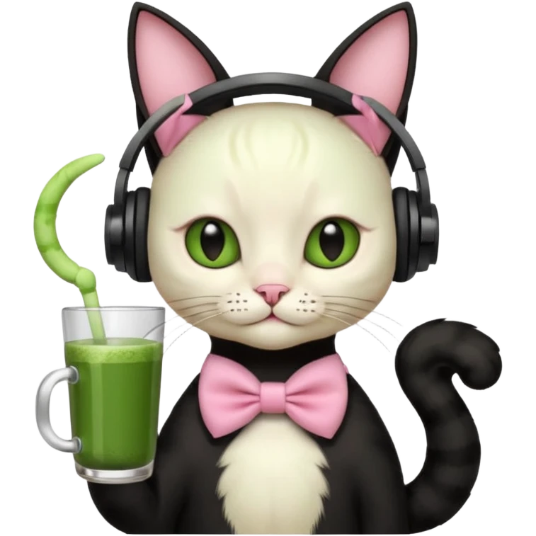 A black cat wearing cute headphones with a glass of matcha, a pink bow on his ear emoji