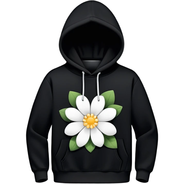 The BLACK Hoodie has a solid black base, accented with distinctive white open flower spots. Each flower has an empty space in the center, creating a hollow, ring-like appearance. These patterns are scattered across the hoodie for a bold and unique design. emoji