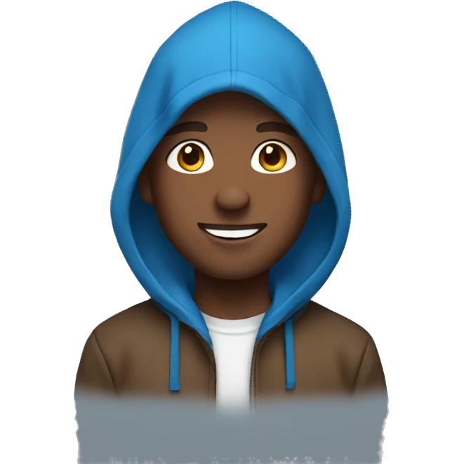 Person wearing blue hoodie with brown hair smiling emoji