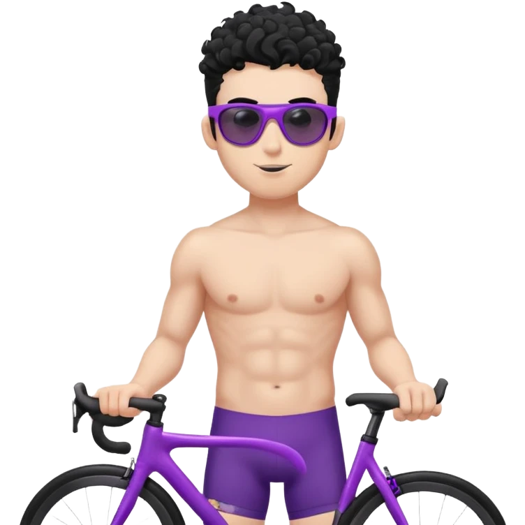 shirtless male athlete with white skin and moderately curly black hair on top with shaved sides, wearing purple bike sunglasses with black tinted lenses emoji