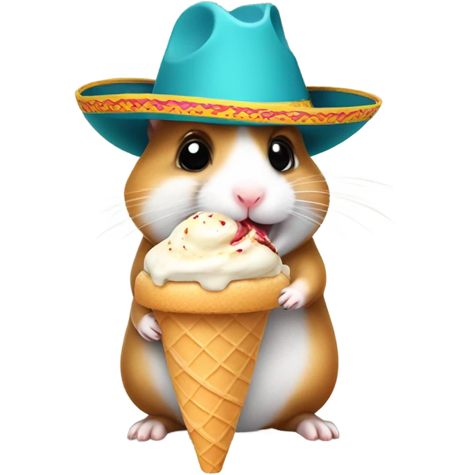 Hamster riding on a dogs back while eating ice cream and has a mexican hat in emoji