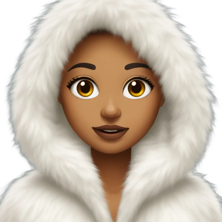 Tanned Girl with lashes ,  in an extremely big fluffy oversized white fur coat with hood on. The fur is real and it’s very obvious big and fluffy like in Pinterest  emoji