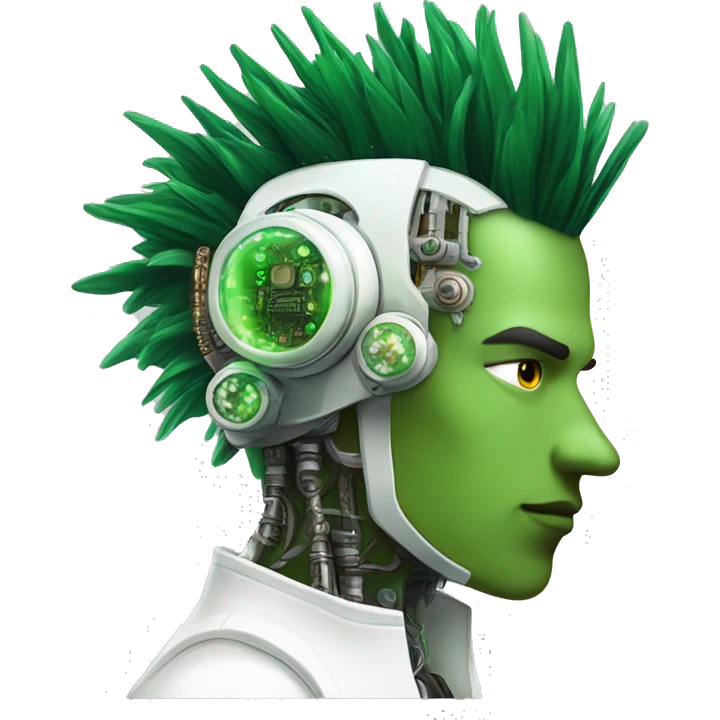 Green Mohawk hair male cyborg head with white steampunk goggles and circuits emoji