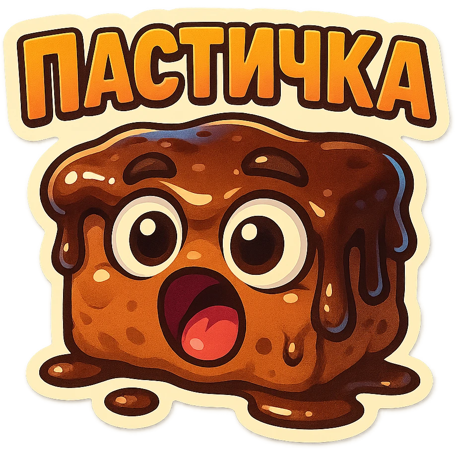 Rectangular chocolate mini pastry, slightly messy and squished, chocolate dripping, big round eyes, wide open mouth, playful surprised expression, text above: "ПАСТИЧКА", chibi style, Twitch emoji style, transparent background, colorful

 emoji