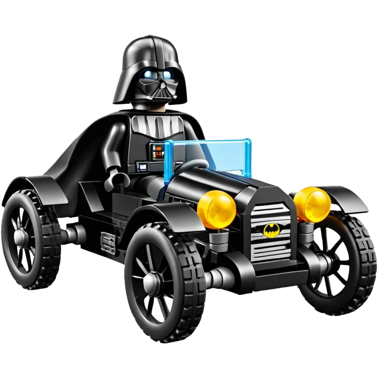 Mad max luxurious survival apocalypse Lego ghostly sporty antique electric Darth Vader’s Batman-armored 1926 black graphite colored enclosed twin seat town buggy with horizontal holographic 3d stars painted on the body sides and neon under glow  emoji
