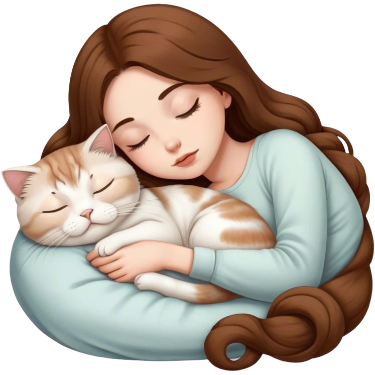 A pretty white girl with very long brown hair and sleeping curled up to a scottish fold white cat  emoji