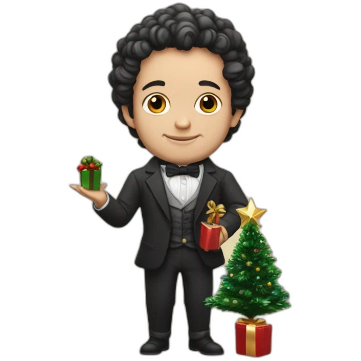 Pushkin holds a small Christmas decorated Christmas tree in his hands emoji
