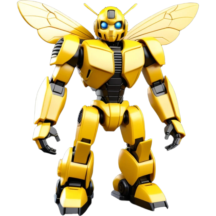 Clean 3D printable robotic bumblebee character, Bumblebee Transformers inspired design emoji
