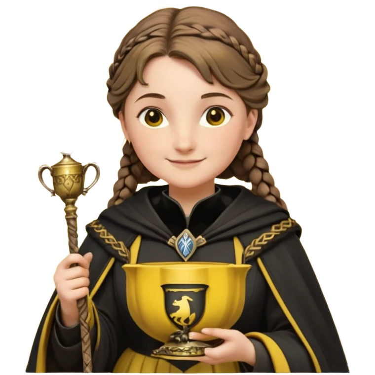 Helga Hufflepuff,the Hogwarts founder of Hufflepuff,brown-haired,2braids,yellow-black medieval dress with black cloak decorated with gold braiding,flickering magic wand and tiny two-handled shiny gold cup engraved with the badger silhouette,very kind smile,curvy busty sweet emoji