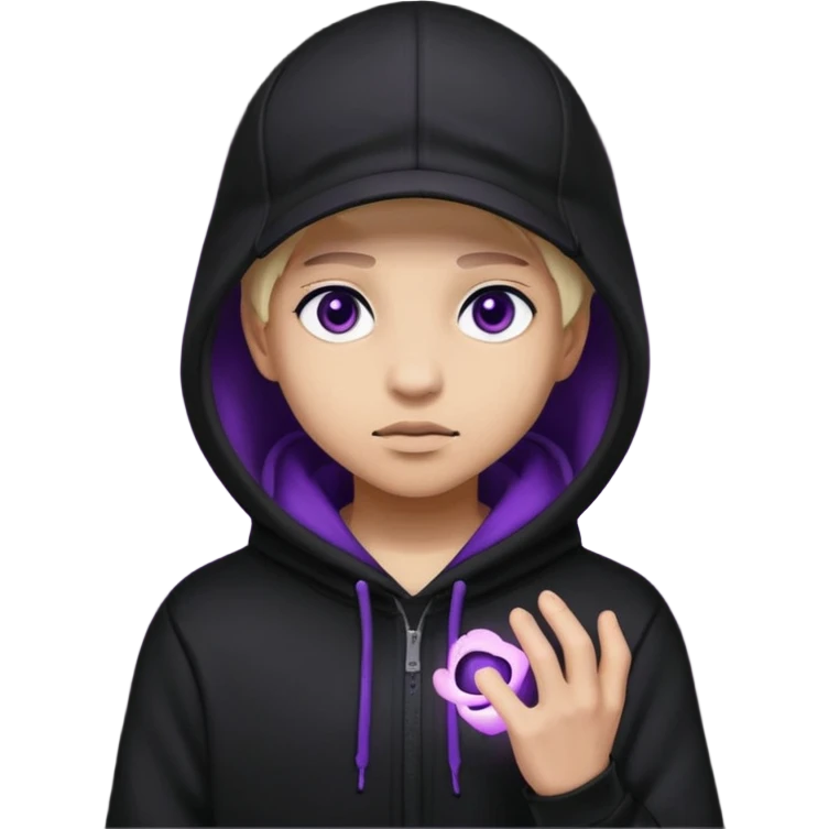 Carton character related to a shadow, with all black clothes, focusing a hoodie with his cap on, no visible face because of the darkness, just his purple shadow eyes making a light bloom emoji