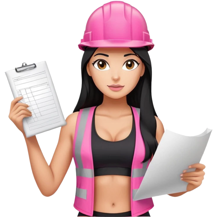 pink construction hat, design draft in hand, long black hair tanned woman, black sports bra, pink vest, sexy emoji