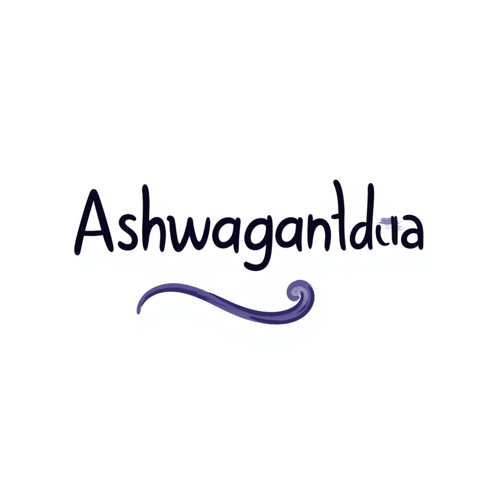 The word "Ashwagandha" hand-drawn in a cool blue and purple color palette. Simple doodle style with minimal decoration. emoji